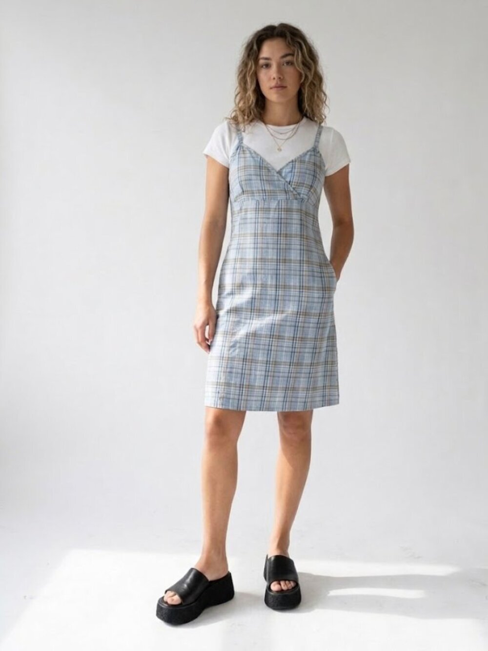 Vintage 2002 Old Navy Plaid Slip Dress Y2K Blue Cotton Sundress Size 2